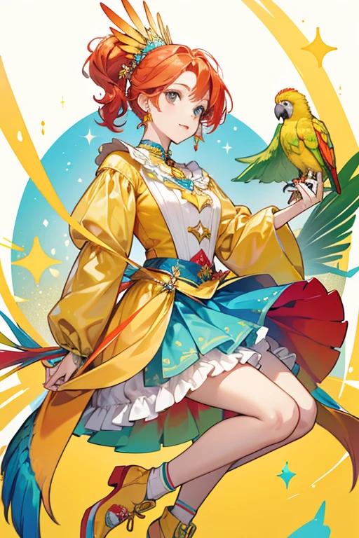 Peachy is a light yellow parrot with red hair.
She wears a blue top and has multicolored feathered design skirt.
 She comes with a yellow headpiece and yellow shoes. SPARKLE; GLITTER