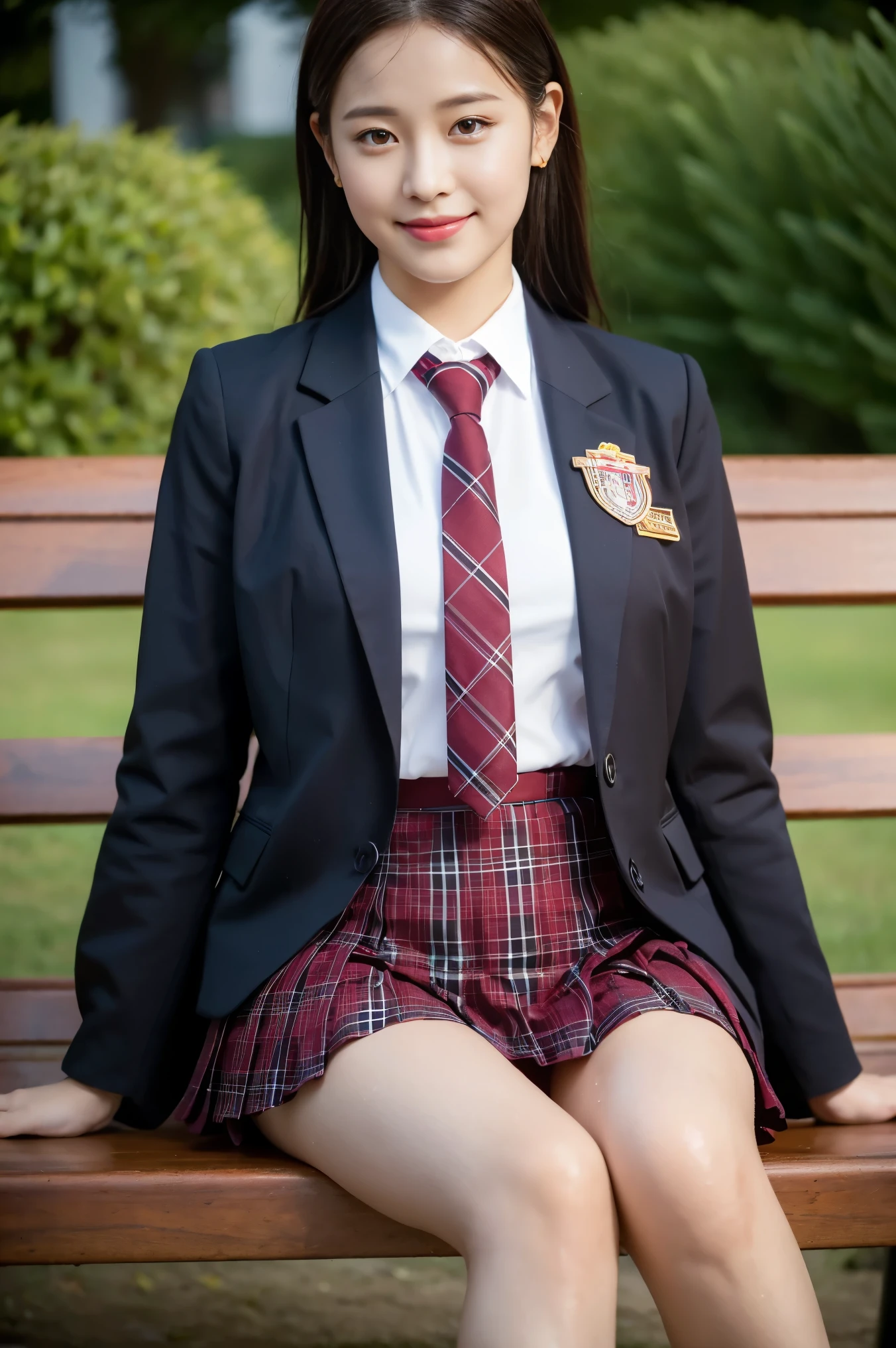 (8K), (highest quality: 1.2), (realistic), (realistic: 1.37), ultra high resolution, 1 girl, cute, smile, closed mouth, beautiful details, beautiful nose, wet hair, giant dulcefo, pork, thighs，self snap,University Student Uniform,sunny day,I can see the sea,sit on a bench in the park,(Simple light blazer 1),(dark brown pleated skirt),dark red tie,(The pattern of the skirt and tie is a tartan check pattern...:1.3),(wet shiny thighs:1.3)