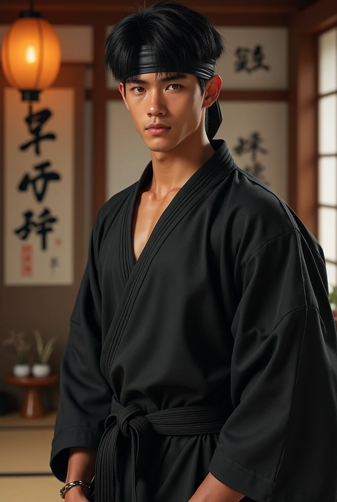 **Features for AI to generate a photo:**
(real-life)
aged 21, short black hair, he is very handsome, wearing a black Cobra Kai kimono and a black headband. he's brunette, with Brazilian traits, has brown eyes. The background is a karate environment, like a dojo with tatami mats and traditional decor.