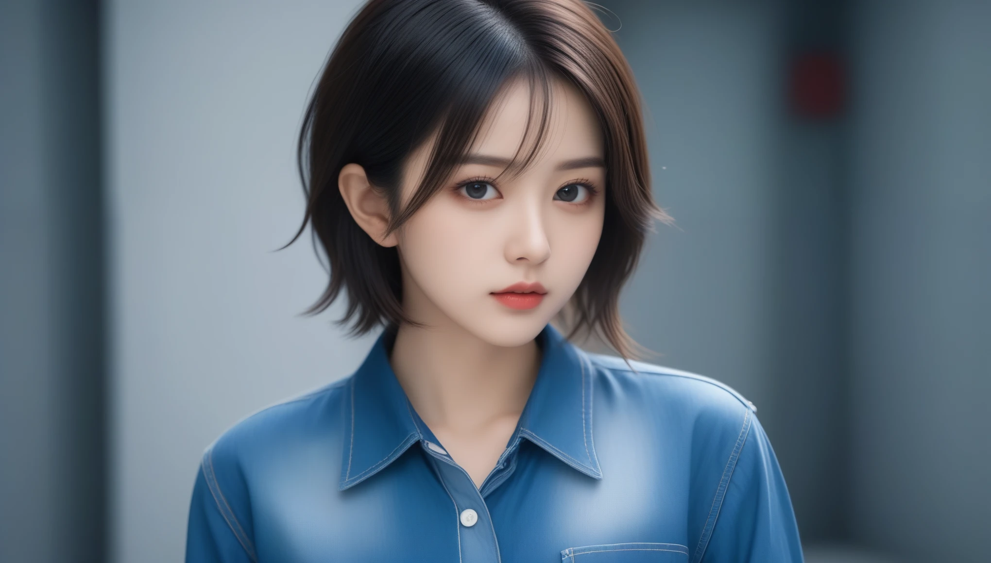 8k, Ultra-high resolution, Highest quality, masterpiece, 三分割法によるphotograph,Surreal, photograph, 1 , (:1.3), cute, cute顔, 細部までBeautiful Eyes, 細かくdetailedに,masterpiece,One Girl:1.2,Japanese women,student,cowboy shot,glaring,Black short hair,messy hair,from side,(Denim shirt:1.3),Leaning against the wire mesh,Glare,Blue Collar,Factory wall,(Beautiful attention to detail),Subtle details, detailedな顔,anger,Attractive eyes,(ポートレートphotograph:1.4),(Photorealistic images:1.4),Fantasy art,(Beautiful Face:1.4),美しくAttractive eyes、Beautiful Eyes,Silver residue,(Tight waist:1.4)、(Beautiful with perfect body proportions:1.4),Pink Lips,profile,(((Ideal body type))),A-cup small breasts :2,、Portraiture:2、Perfect Anatomy、鮮明なdetailed、detailed,Fashion magazine cover,Thin lips,完璧でBeautiful Face ,完璧でcute顔, Skin with attention to detail, Perfect limbs、Narrow waist,Surreal,Light and shadow,backlighting
