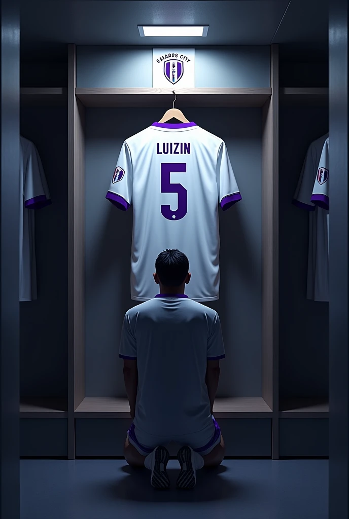 football locker room with a football player&#39;s cabin in this cabin there will be a white shirt with purple details (minimalists) on the collar and at the tip of the sleeve the shirt must be showing the back with the name LUIZIN highlighted and the shirt number must be number 5, the cabin at the top must contain the name of the club which is GALADOS CITY, all ambient light must be off, only the light of the sign with the name GALADOS CITY and a low light above the shirt indicating prominence must be on, and other shirts on the side.The image should be centered and not too far away) and the player with slightly dark skin, short straight black hair and a beard showing that he cares about the current fashion style must be wearing pre-game clothes different from the shirt that is hanging in the locker room, the one he is wearing is gray with purple details on the sleeve and collar of the shirt and on the shorts, the player in the image must be on his knees with his head down (indicating pre-game concentration)