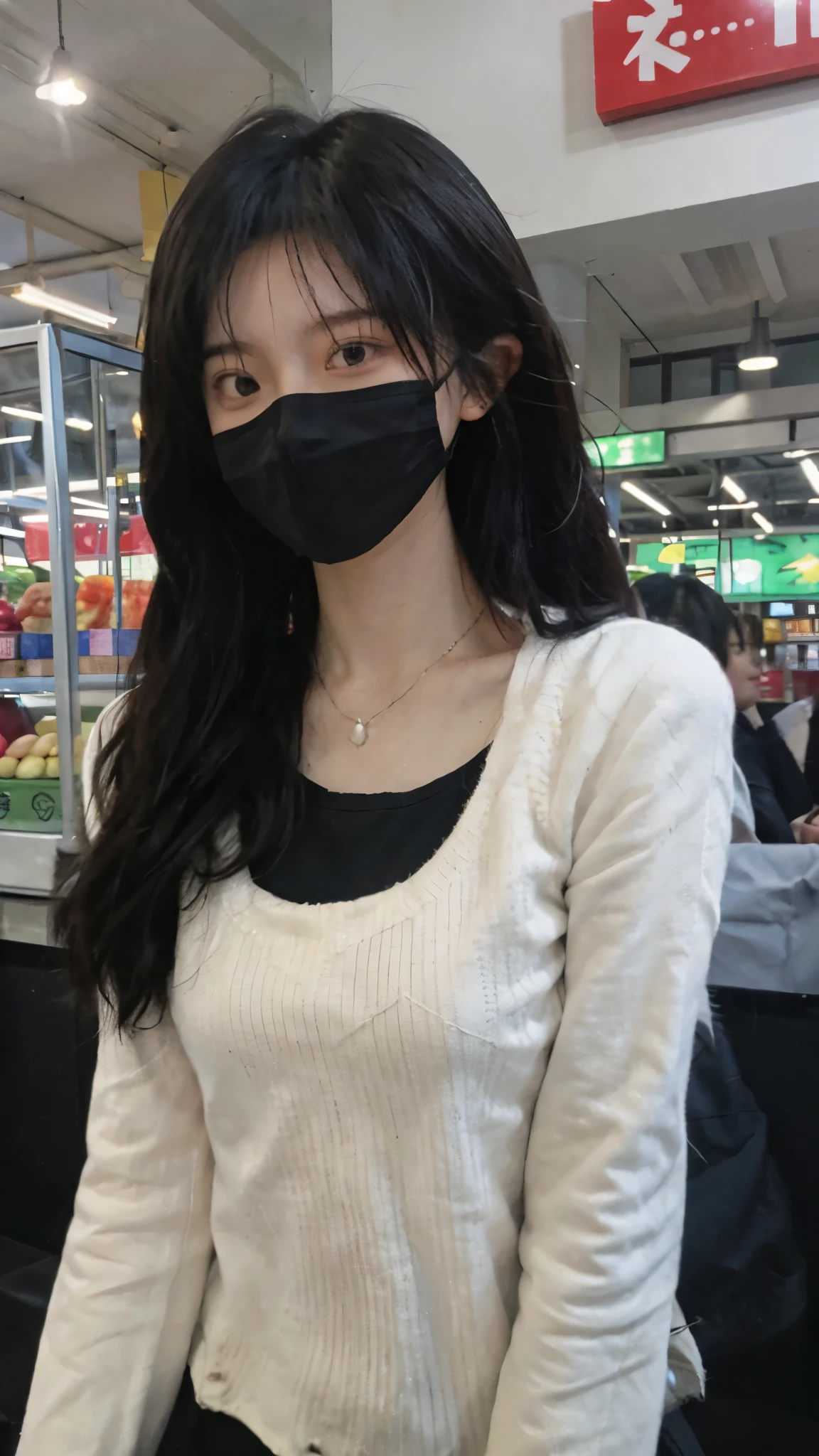 黑色wear mask,Best quality,黑色wear mask,Ultra-high resolution,(Reality:1.4),(黑色wear mask:1.4),Cute hairpins,girll,Cropped black sweater,wear mask,Look directly at the audience,Full of atmosphere,Beautiful woman with a slim figure:1.4,黑色wear mask,supermarket,whole body,Super delicate face,Exquisite eyes,Double eyelids,necklace,黑色wear mask,