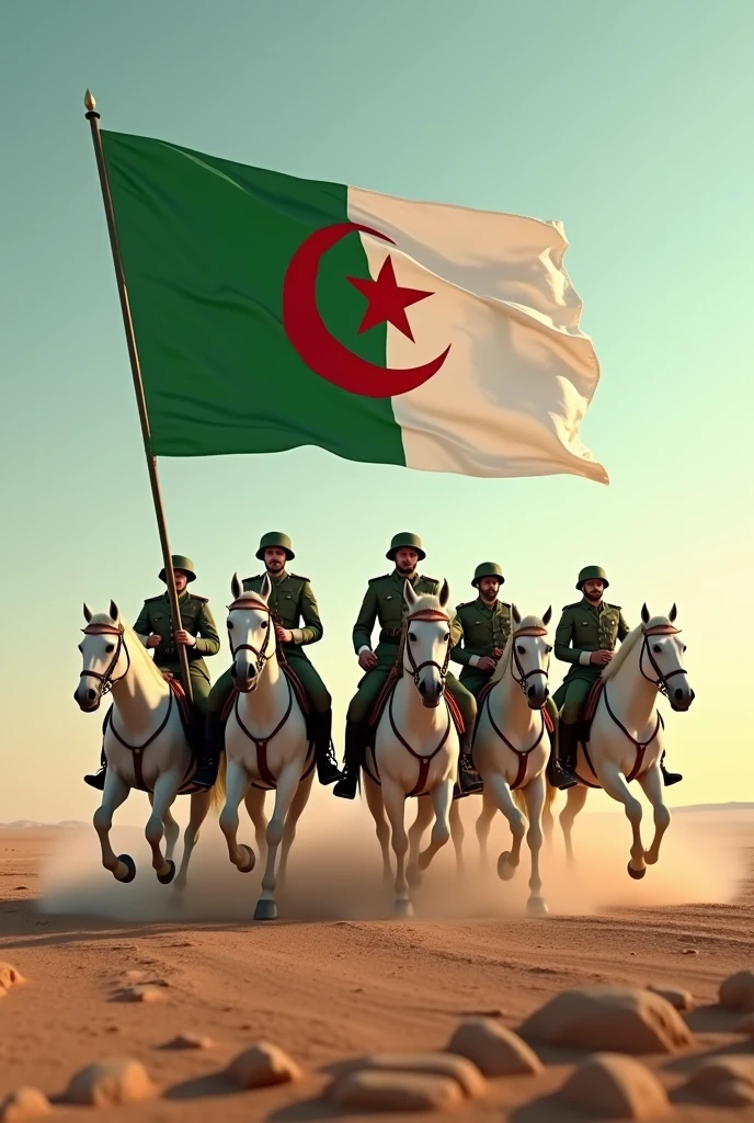 Le drapeau algérien  vert et blanc croissant de lune l'étoile rouge sang porté par des cavaliers à cheval de l'armée algérienne au galop 5 chevaux avec ses hommes