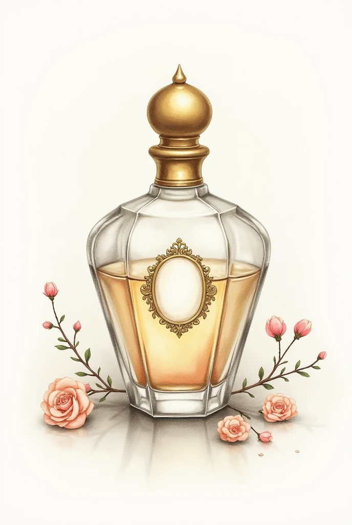 A painting with an antique diamond-shaped perfume bottle. dainty, pencil draw. vintage frasco, with small branches of flowers. Delicate watercolor painting only on the golden lid