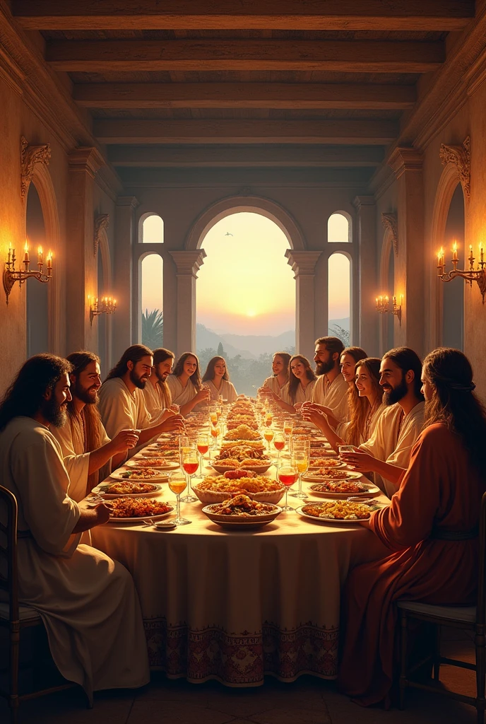 A serene yet detailed scene depicting the sons and daughters of Job gathered around a large, elegant banquet table in a spacious, ancient house. The family is enjoying a lavish feast with an abundance of food and wine, their faces full of joy and contentment. The room is warmly lit by oil lamps, and the atmosphere is festive, with rich decorations adorning the walls. Outside the windows, the sky is calm and clear, giving no hint of the impending disaster, capturing the moment of peace before the storm described in the story of Job.
