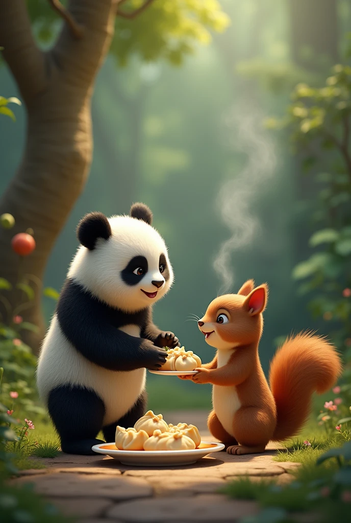 Panda trying to melting the anger of squirrel or trying to calm down squirrel by his activities and by holding a plate of hot tasty momos