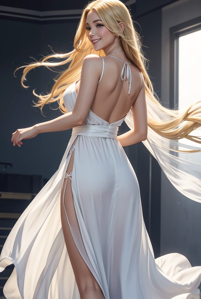 High Resolution, Blonde, Long Hair, Makeup, Smile, Breasts, wearing Women's Elegant Solid Color Maxi Slip Dress With Backless & Sash Design, For Back To School, Birthday, Cruise runway
