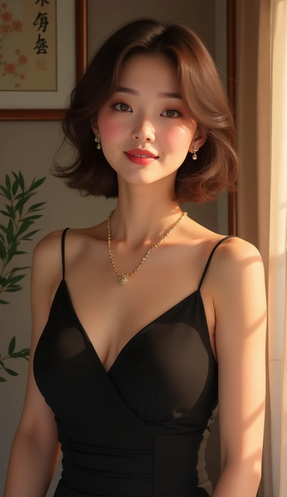 Highest quality, Very detailed, masterpiece, 1 person,Japanese women,(((Perfect female body))),Very beautiful face, Very beautiful body,Gentle expression, Very beautiful eyes,(Perfect Makeup:1.1),Big Breasts,40s、short hair、Brown Hair:1.3, Big Breasts、Soft-looking body、Black dress、necklace,anklet,A kind smile,Full body portrait,(Indoor Background:1.3), (Glowing Skin),(Earrings),Back view, 