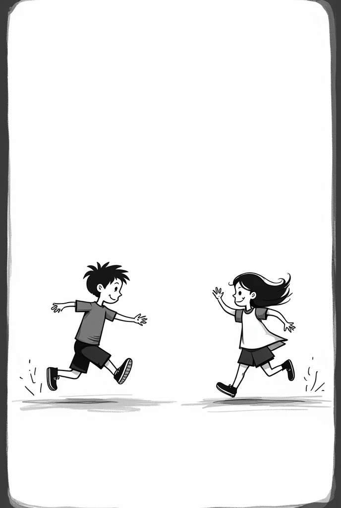 White drawing with black borders of a boy and a girl playing chase running

