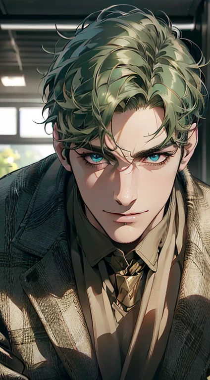 (best quality,4k,8k,highres,masterpiece:1.2),ultra-detailed,(realistic,photorealistic,photo-realistic:1.37),1 man,3,mature man,very handsome,without expression,smile,short green hair,blue eyes,penetrating gaze,perfect face without errors,imposing posture,businessman,office background,cinematic lighting,hdr image