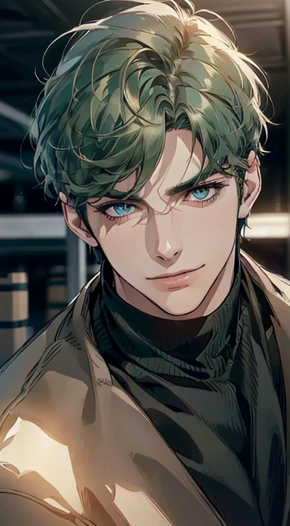 (best quality,4k,8k,highres,masterpiece:1.2),ultra-detailed,(realistic,photorealistic,photo-realistic:1.37),1 man,3,mature man,very handsome,without expression,smile,short green hair,blue eyes,penetrating gaze,perfect face without errors,imposing posture,businessman,office background,cinematic lighting,hdr image