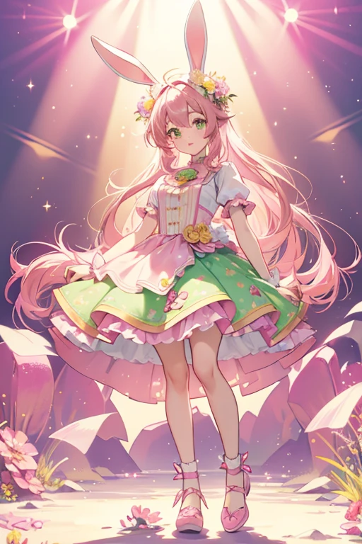 Trina is a light pink bunny with dark pink hair and bunny ears. She stands at 4in tall.
She wears a pink top with a flower design and has a yellow skirt with a flower design.
She comes with a light green headpiece and pink shoes. SPARKLE; GLITTER