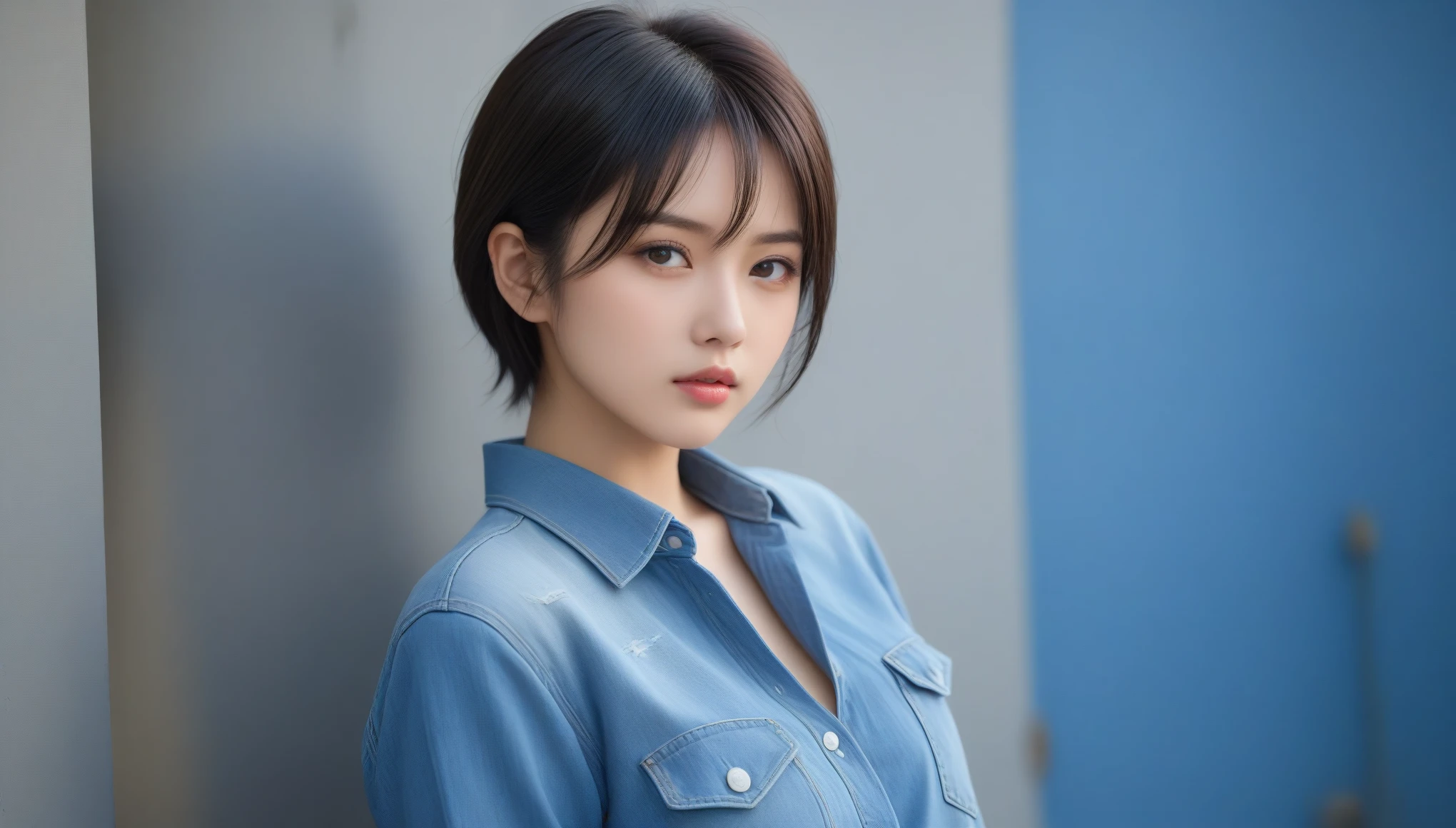 8k, Ultra-high resolution, Highest quality, masterpiece, 三分割法によるphotograph,Surreal, photograph, 1 , (:1.3), cute, cute顔, 細部までBeautiful Eyes, 細かくdetailedに,masterpiece,One Girl:1.2,Japanese women,student,cowboy shot,glaring,Black short hair,messy hair,from side,(Denim shirt:1.3),Leaning against the wire mesh,Glare,Blue Collar,Factory wall,Bleach Bypass,(Beautiful attention to detail),Subtle details, detailedな顔,anger,Attractive eyes,(ポートレートphotograph:1.4),(Photorealistic images:1.4),Fantasy art,(Beautiful Face:1.4),美しくAttractive eyes、Beautiful Eyes,Silver residue,(Tight waist:1.4)、(Beautiful with perfect body proportions:1.4),Pink Lips,profile,(((Ideal body type))),A-cup small breasts :2,、Portraiture:2、Perfect Anatomy、鮮明なdetailed、detailed,Fashion magazine cover,Thin lips,完璧でBeautiful Face ,完璧でcute顔, Skin with attention to detail, Perfect limbs、Narrow waist,Surreal,Light and shadow,backlighting