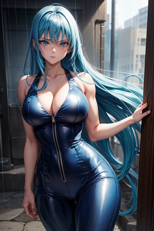 anime girl, jumpsuit, muscular, large , cleavagy hair, blue hair, aqua eyes, looking at viewer, female focus, cowboy shot, rain, moody lighting
