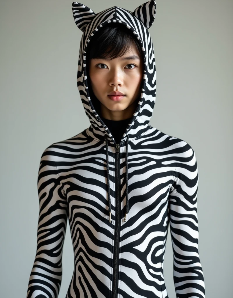 the most handsome and thin Asian chinese boy wears zebra print Lycra turtleneck unitard catsuit covered with zebra stripes.He always wear zebra Lycra dancewear hood.He has handsome cheeks on his face.