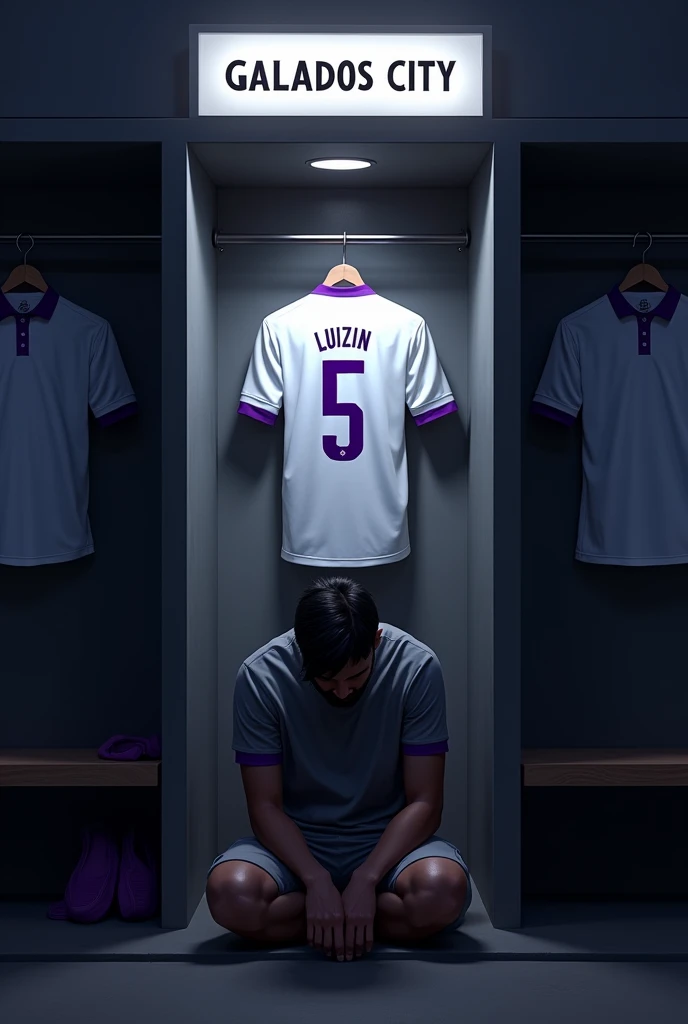 football locker room with a football player's cabin in this cabin there will be a white shirt with purple details (minimalists) on the collar and at the tip of the sleeve the shirt must be showing the back with the name LUIZIN highlighted and the shirt number must be number 5, the cabin at the top must contain the name of the club which is GALADOS CITY, all ambient light must be off, only the light of the sign with the name GALADOS CITY and a low light above the shirt indicating prominence must be on, and other shirts on the side.The image should be centered and not too far away) and the player with slightly dark skin, short straight black hair and a beard showing that he cares about the current fashion style must be wearing pre-game clothes different from the shirt that is hanging in the locker room, the one he is wearing is gray with purple details on the sleeve and collar of the shirt and on the shorts, the player in the image must be on his knees with his head down (indicating pre-game concentration)
