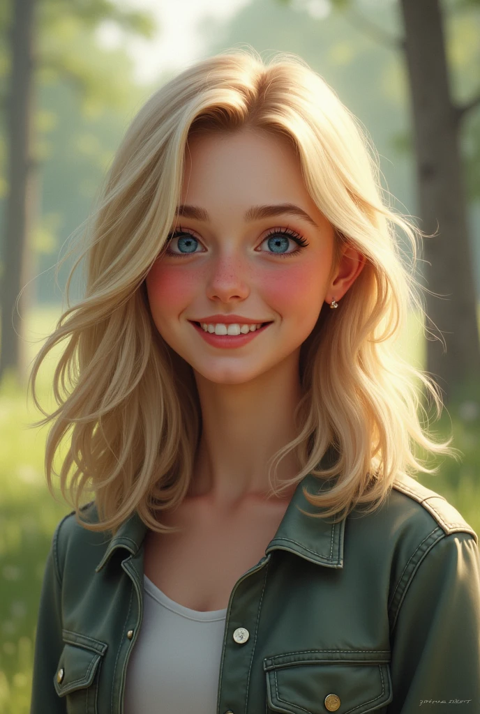 ChristiaAOT, 1 girl, standing alone, christa renz, ssmile, hair between the eyes, blue colored eyes, hair blonde, jaket, medium hair, curved,
