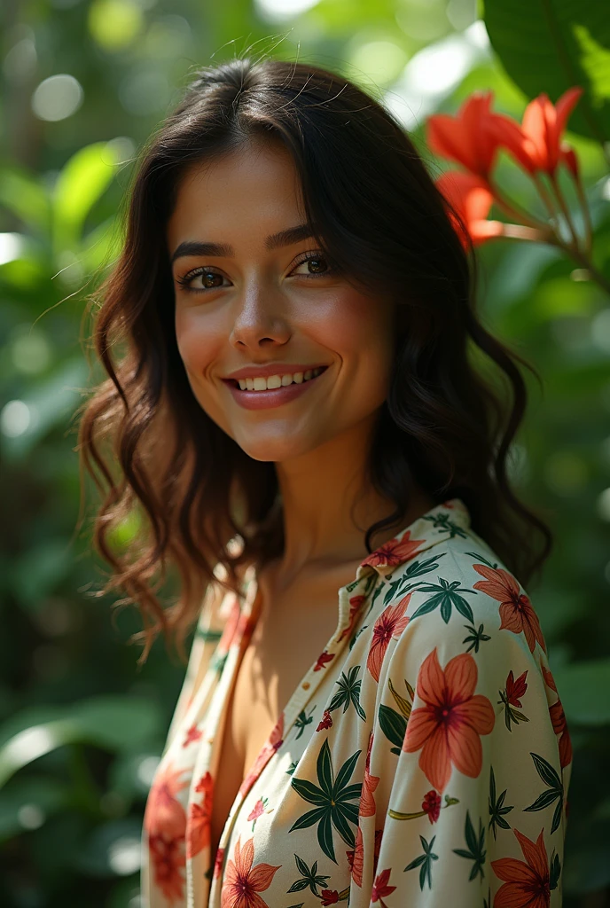 A Brazilian woman in a lush tropical garden, wearing an open shirt with a floral print, with a close-up capturing the harmonious beauty between her breasts and the natural flowers, showing off your natural charm and outgoing personality.