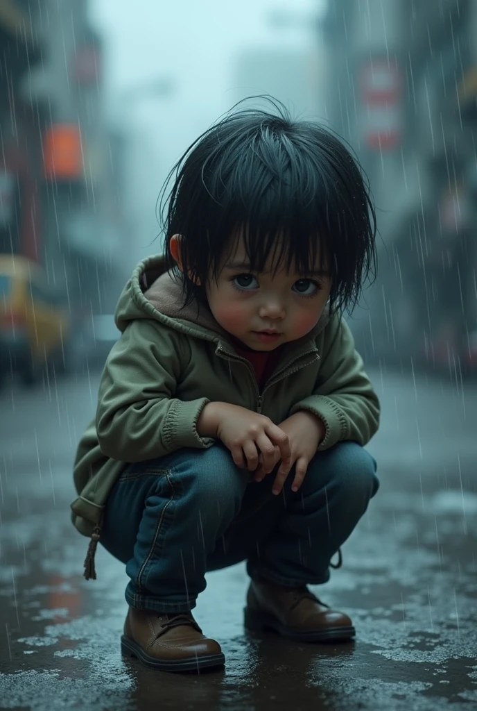 High resolution, Child crouching in the rain