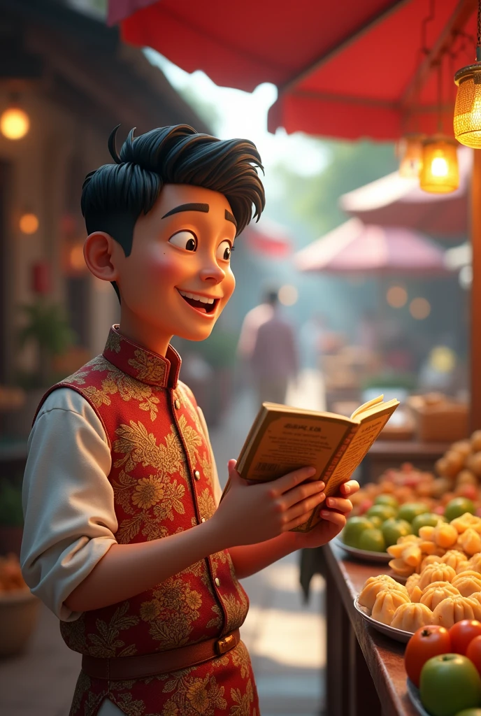 a man who sells dumplings who is handsome and cheerful, describes the Indonesian archipelago and has an interesting pamphlet animation 3d