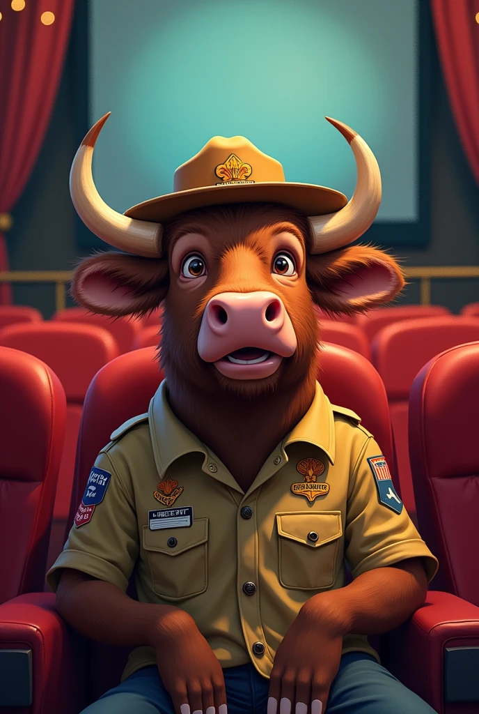 Drawing of a bull with a scout hat watching a movie in a cinema