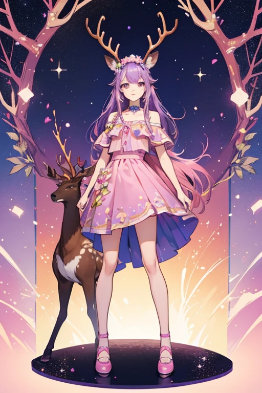 Danetta is a tan deer with purple hair and antlers. She stands at 4in tall.
She wears a blue top with a flower design and has a pink skirt with a flower design.
 She comes with a pink headpiece and dark salmon shoes. SPARKLE; GLITTER