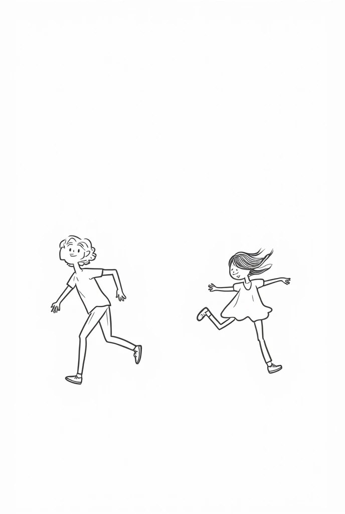 White drawing with black borders of a boy and a girl playing chase running