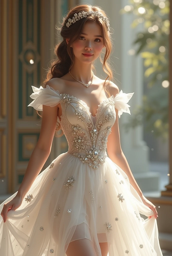 Princess in a short white dress with extravagant pieces of crystals