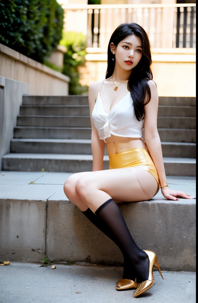 (masterpiece:1.3), (8 thousand, realistic, RAW photos, best quality: 1.4), (1 woman),(((sheer silk blouse))), (((short skirt))), (((양쪽 다리와 양발에 짙은색 realistic 불투명한 커피색 panty hose 신고 : 1.3))), (((Small paws))), (Stockings on both legs), (((Beautiful, small feet wearing stockings and high heels.))), (((full body shot))), (outdoors in sunny weather), (((Model-like posture))), (((Beautiful makeover))), (((very slim and beautiful body))) , (((Realistic and very beautiful face))), (((long eyelashes))), (((double eyelid))), (((Very beautiful eyes, realistic and delicate))), (((High nose))), (((small nostrils))), (((beautiful mouth))), (((seductive lips))), (((big bust) )), (((Strong body through exercise))), (((beautiful abs))), (((Beautiful heaps))), (((tall))), (((realistic face))), (((black hair, parted, long hair:1.3))), (아름다운 parted스타일), (((realistic and beautiful skin))), (((absurd))), (((attractive))), (ultra high resolution), (((extremely realistic))), (very detailed), (((golden ratio))), (((Two long, realistic and beautiful legs))), (((realistic 팔))), (necklace), (earring),(beautiful nails manicure), (((So beautiful and sexy))), (((perfect secretary look)))