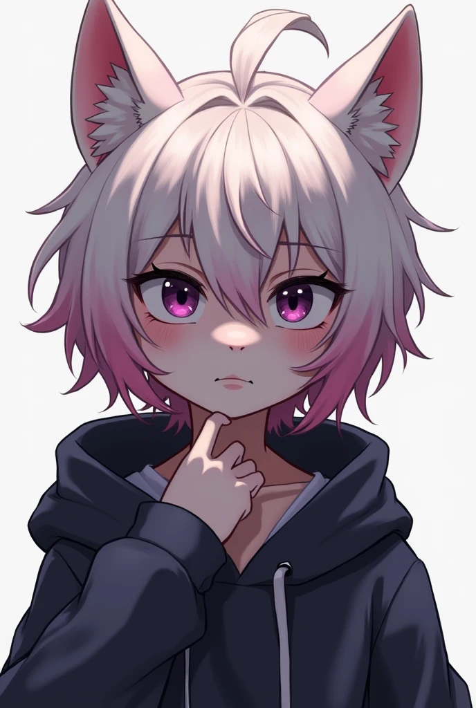 Chico anime furry, dark purple eyes, short messy white and pink hair, hoodie, with a serious face