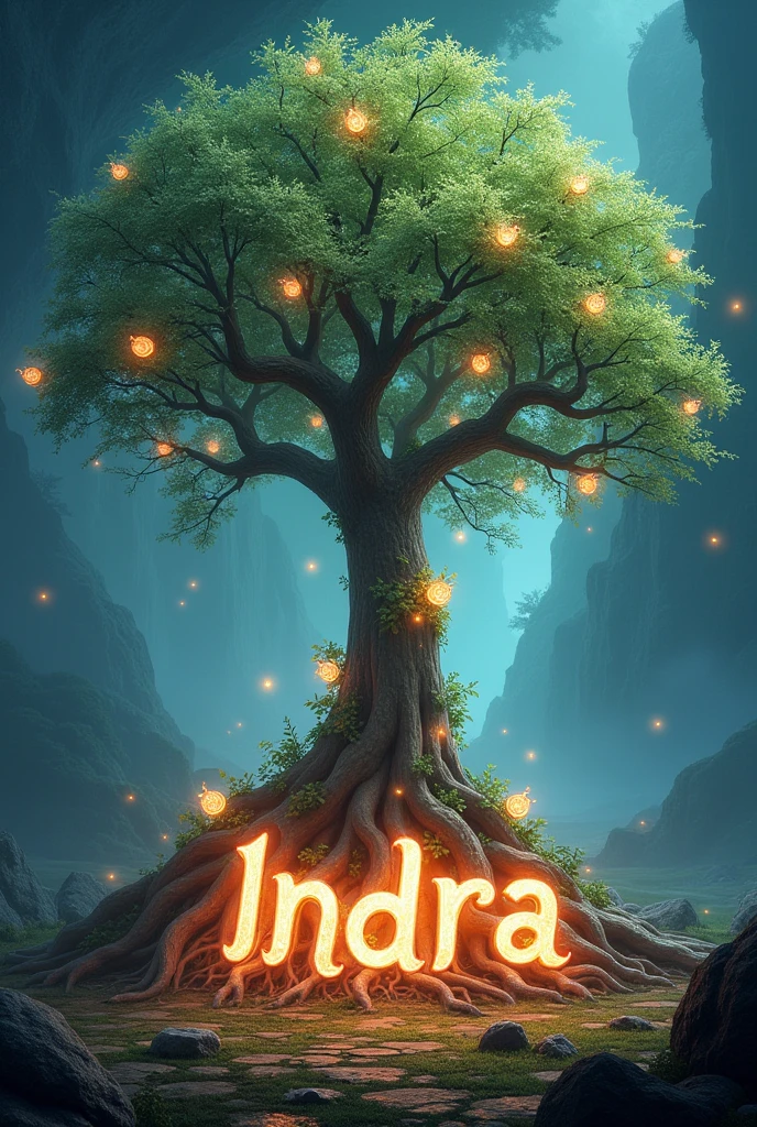 bright tree with flowers of light on the sides, near the roots in the center the word "indra" is written with luminous and sinuous letters
