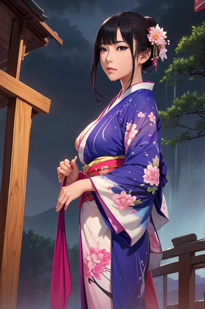 Rich historical background. (Highest quality,4K,8k,High resolution,masterpiece:1.2), Very detailed, (Realistic,Realistic,Photorealistic:1.37), High resolution, Hyper HD, Studio Lighting, Ultra-fine painting, Sharp focus, Physically Based Rendering, Very detailed説明, Professional, Vibrant colors, Bokeh, Sports Late, Ancient War Landscapes, Traditional Chinese Painting Techniques, Atmospheric lighting, Vivid color contrast, Visually stunning composition, Ethereal atmosphere,Very detailed目と顔, Beautiful attention to detail, Light on the face, (Hanfu: 1.1),My whole body is wet、My clothes are wet and transparent、Nipples are visible、nipples color pale pink、Dynamic pose、Rain clouds spreading across the sky、Heavy rain weather、Pouring rain、Wind and rain storm、((Soaked skin from head to toe))、((Rain-soaked clothes(Rain dripping from clothes))、((The lines of her body are clearly visible through her wet kimono..))