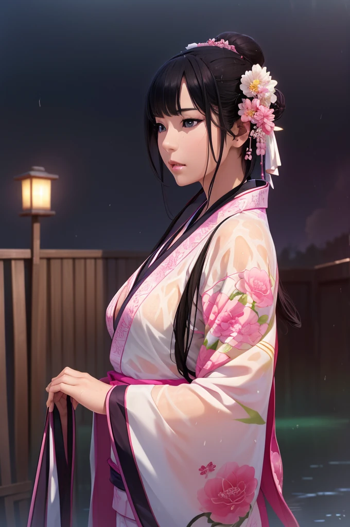 Rich historical background. (Highest quality,4K,8k,High resolution,masterpiece:1.2), Very detailed, (Realistic,Realistic,Photorealistic:1.37), High resolution, Hyper HD, Studio Lighting, Ultra-fine painting, Sharp focus, Physically Based Rendering, Very detailed説明, Professional, Vibrant colors, Bokeh, Sports Late, Ancient War Landscapes, Traditional Chinese Painting Techniques, Atmospheric lighting, Vivid color contrast, Visually stunning composition, Ethereal atmosphere,Very detailed目と顔, Beautiful attention to detail, Light on the face, (Hanfu: 1.1),My whole body is wet、My clothes are wet and transparent、Nipples are visible、nipples color pale pink、Dynamic pose、Rain clouds spreading across the sky、Heavy rain weather、Pouring rain、Wind and rain storm、((Soaked skin from head to toe))、((Rain-soaked clothes(Rain dripping from clothes))、((The lines of her body are clearly visible through her wet kimono..))