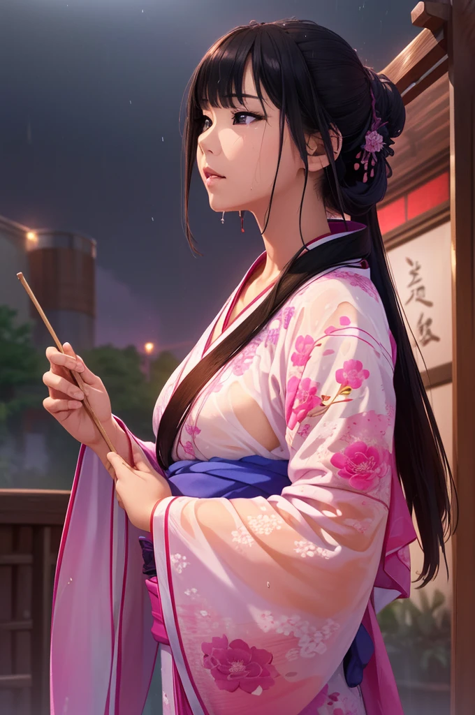 Rich historical background. (Highest quality,4K,8k,High resolution,masterpiece:1.2), Very detailed, (Realistic,Realistic,Photorealistic:1.37), High resolution, Hyper HD, Studio Lighting, Ultra-fine painting, Sharp focus, Physically Based Rendering, Very detailed説明, Professional, Vibrant colors, Bokeh, Sports Late, Ancient War Landscapes, Traditional Chinese Painting Techniques, Atmospheric lighting, Vivid color contrast, Visually stunning composition, Ethereal atmosphere,Very detailed目と顔, Beautiful attention to detail, Light on the face, (Hanfu: 1.1),My whole body is wet、My clothes are wet and transparent、Nipples are visible、nipples color pale pink、Dynamic pose、Rain clouds spreading across the sky、Heavy rain weather、Pouring rain、Wind and rain storm、((Soaked skin from head to toe))、((Rain-soaked clothes(Rain dripping from clothes))、((The lines of her body are clearly visible through her wet kimono..))