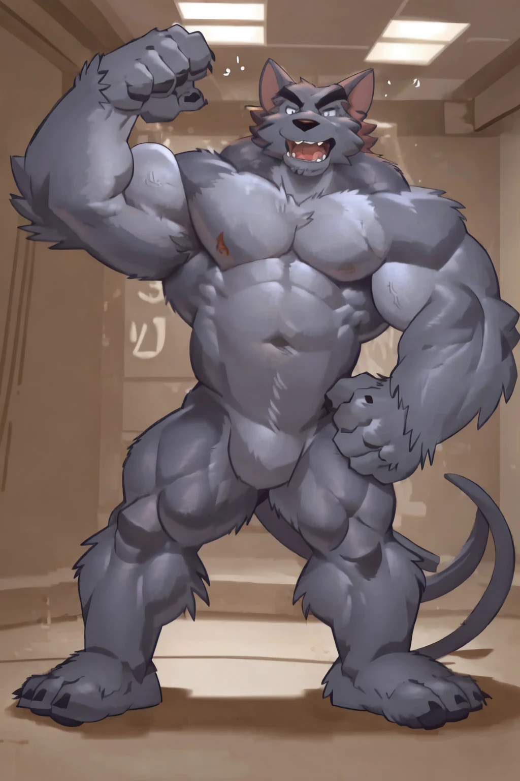 score_9, score_8_up, score_7_up, score_6_up, score_5_up, score_4_up,((garytherat,male furry)),((rat)), white eyes, (pose:1.3), (posing:1.3), (soft shading), 4k, hi res, five fingers, detailed hands, ((detailed face, (detailed eyes:1.3), detailed)), (((full body))),show legs,show feet,(by takemoto arashi:1.5), solo, looking at viewer, 1boy, standing, full body, male focus,((nude body:1.7)), abs, biceps, flexing, angry,roaring,open-wide mouth,hunking