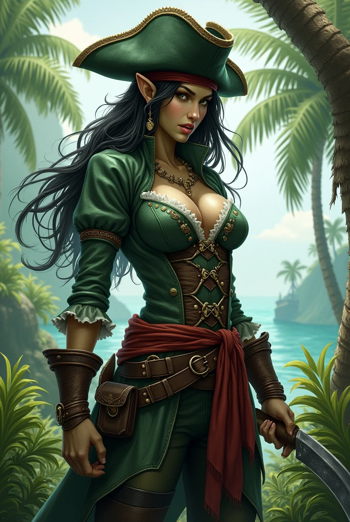 Elf Dwarf Pirate Green Woman with Black Hair