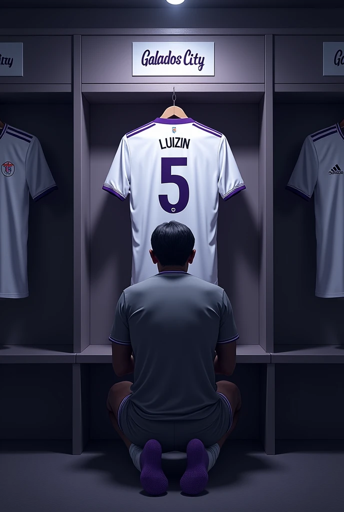 football locker room with a football player&#39;s cabin in this cabin there will be a white shirt with purple details (minimalists) on the collar and at the tip of the sleeve the shirt must be showing the back with the name LUIZIN highlighted and the shirt number must be number 5, the cabin at the top must contain the name of the club which is GALADOS CITY, all ambient light must be off, only the light of the sign with the name GALADOS CITY and a low light above the shirt indicating prominence must be on, and other shirts on the side.The image should be centered and not too far away) and the player with slightly dark skin, short straight black hair and a beard showing that he cares about the current fashion style must be wearing pre-game clothes different from the shirt that is hanging in the locker room, the one he is wearing is gray with purple details on the sleeve and collar of the shirt and on the shorts, the player in the image must be on his knees with his head down (indicating pre-game concentration)