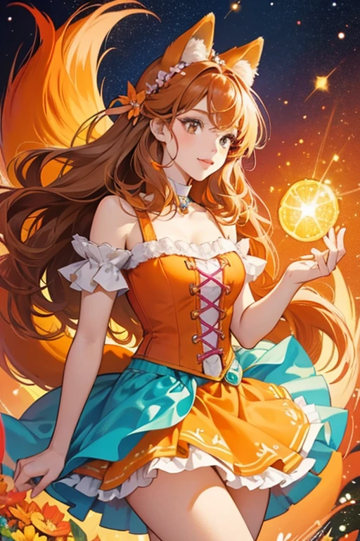Feana is an orange fox with brown hair and fox ears. She stands at 4in tall.
She wears a blue top and has an orange skirt with a flower design.
She comes with a orange hair bow and pink shoes. SPARKLE; GLITTER