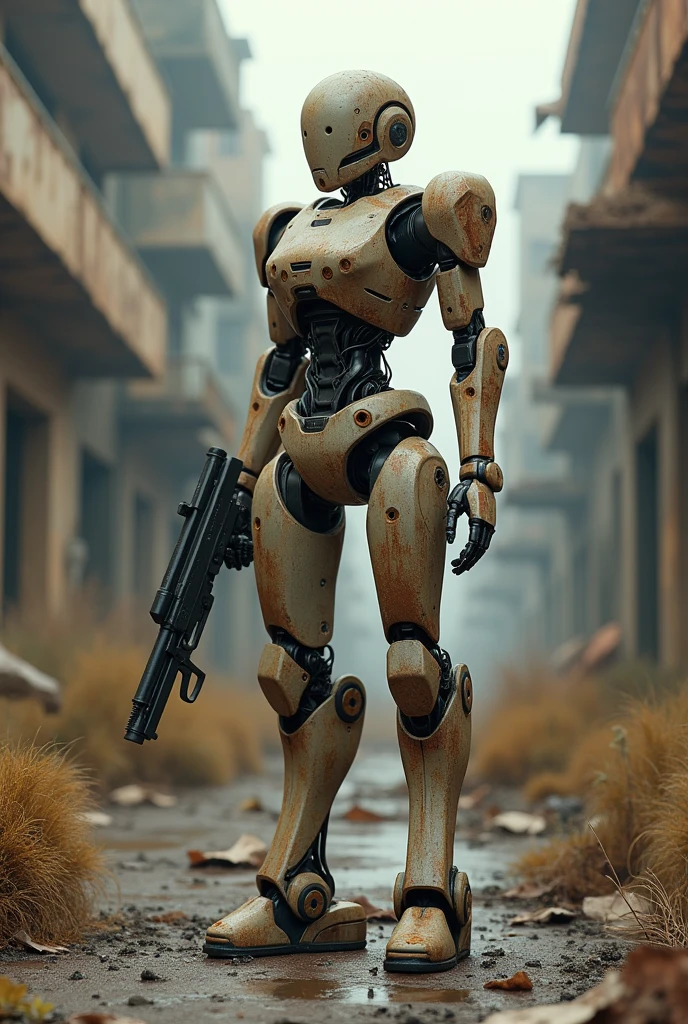 (photorealism:1.2), Realistic humanoid robot with gun in one hand, abandoned, covered in rust