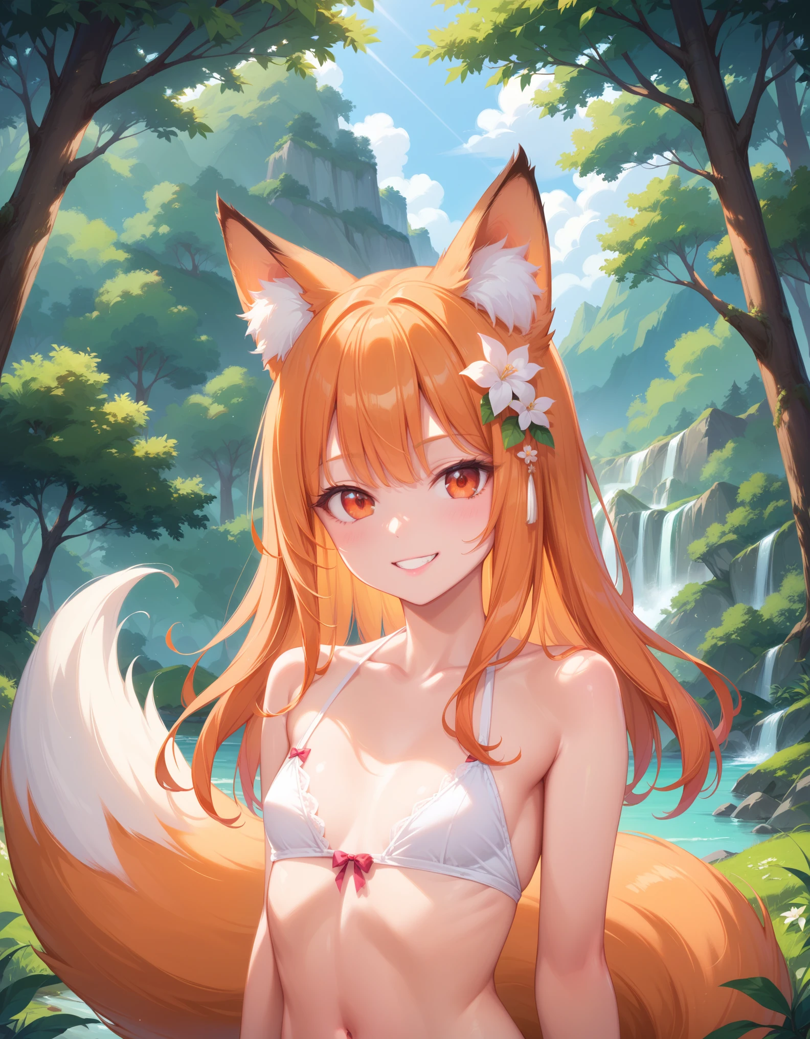 (absurdres,highres),(high quality,best quality),(masterpiece:0.5), 1girl,solo,(cute, petite:0.8),(flat chest:0.7),(skinny:0.5),(pale skin:0.5), BREAK orange eyes,looking at viewer, orange hair,fox ears,animal ears, smile, fox tail, outdoors,forest,,