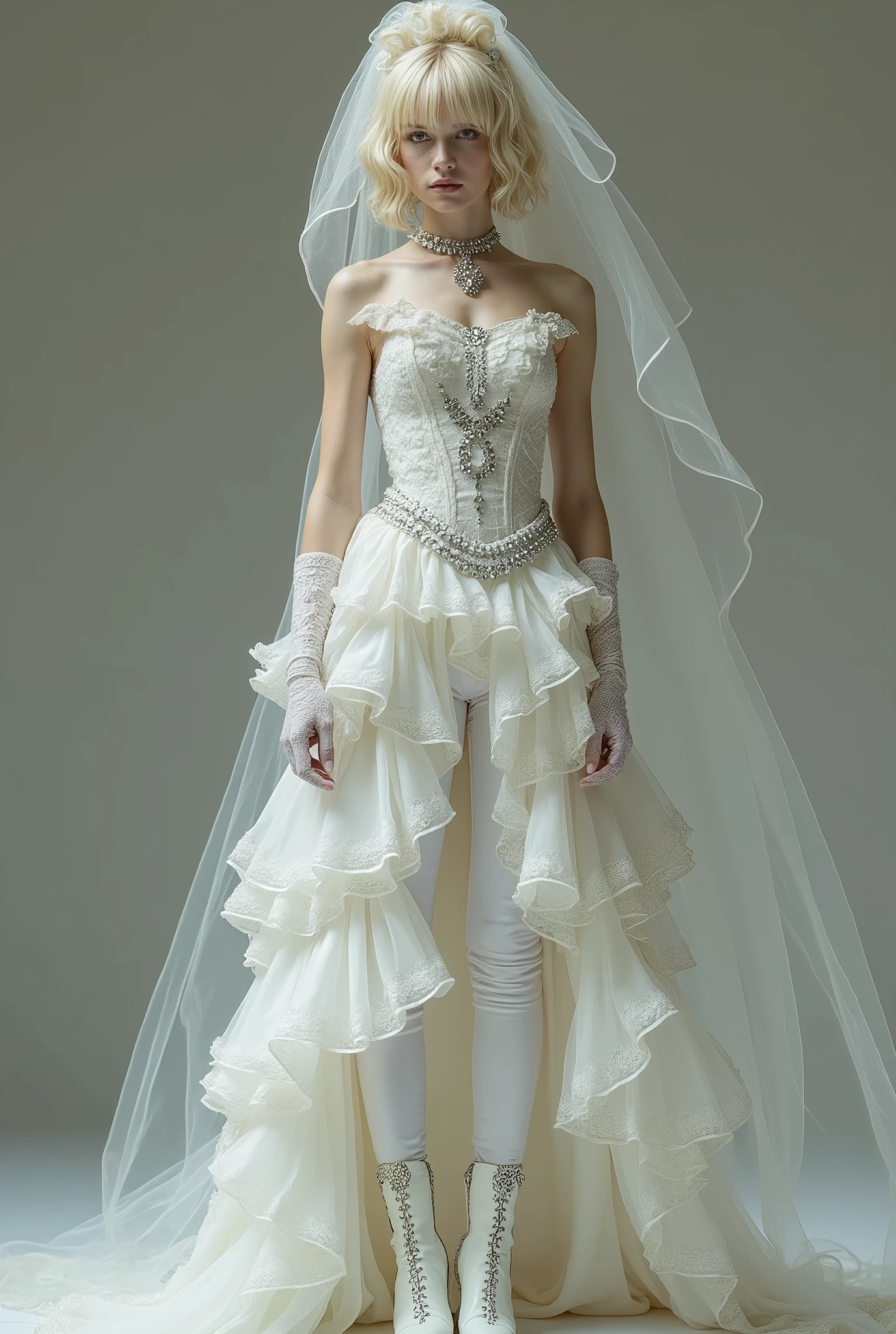 Man of androgynous appearance: Her skin is white and her hair is short, wavy, layered blonde., On top they hold some blonde braids, the groom's veil in layers of organza.
She wears an outfit that combines a dress with very tight white dress pants..
The pants are completed with a layered groom's dress train that starts at the waist with lots of elegant tulle and diamonds..
The top of the rocooc dress is complete from waist to neck, imperial collar with jabot ruffles, sleeveless, non-transparent decorated with sewn diamonds and lace on the front.
The ensemble is complemented by a layered bridal veil., long, elbow-length lace gloves and rococo boots