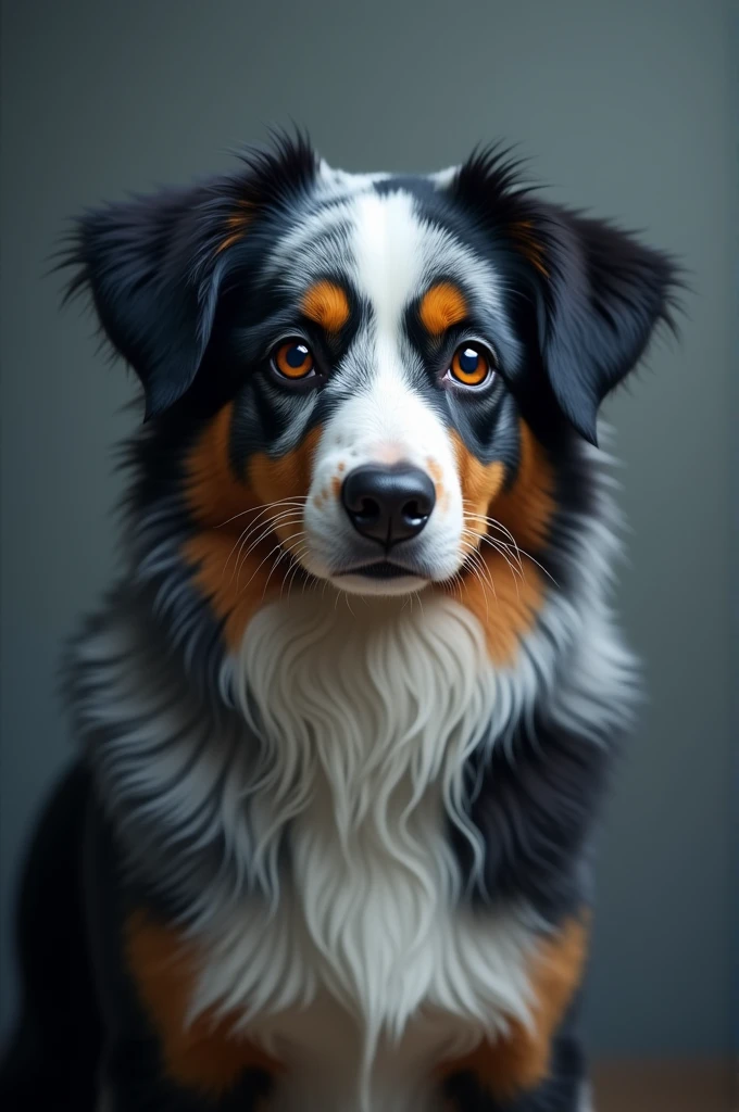 An Australian Shepard staring sadly into the camera