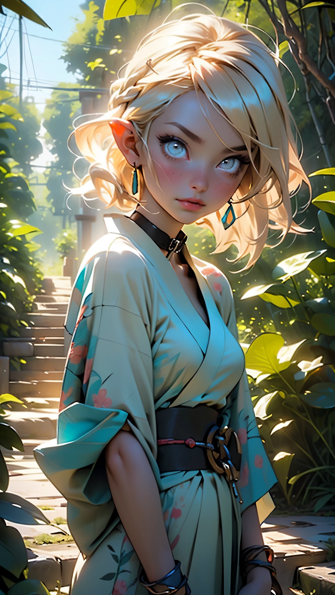 1girl,(1girl:1.5),((:1.5,teenager)),elf,(elf ears),(blonde archer),

,

((small breasts:1.4,fluffy breasts)),((blonde hair:1.5,short detailed hair,short blonde hair with a braid,braid adorned with white flowers)),(((turquoise_eyes:1.3))),intricate eyes,beautiful detailed eyes,symmetrical eyes,big eyes:1.5,((girl body,good anatomy,accurate body proportions,))),

happy,((nsfw)),cute,

(short turquoise kimono,half-naked kimono:1.5),((brown wolf fur coat)),(bandages on his hands),(moon earrings),(ornamental bandages on  arms),(((slave collar,Long chain leash connected to her collar,shackles))),(((intricate outfit,intricate clothes))),

(dynamic pose:1.0),embarrassed,(centered,scale to fit dimensions,Rule of thirds),

outdoors,(waterfall,bamboo,river,bamboo forest,japanese temple,red lanterns burning,temple in the forest,mossy stairway in the temple,dilapidated temple,bamboo sanctuary,),scenery,extremely scenery,(puddles everywhere,moss,moss on the background),clouds,lily pads,(sunset, golden hour),

(Glossy japan ornaments),highres,sharp focus,(ultra detailed,extremely detailed),(photorealistic artwork:1.37),(extremely detailed CG unity 8k wallpaper),(((vibrant colors,vibrant theme))),(intricate),(masterpiece),(best quality),artistic photography,(photography taken by sldr),(intricate background),perfect rendered face,perfect face details,realistic face,photo realistic,((intricate detail)),(((realism))),
