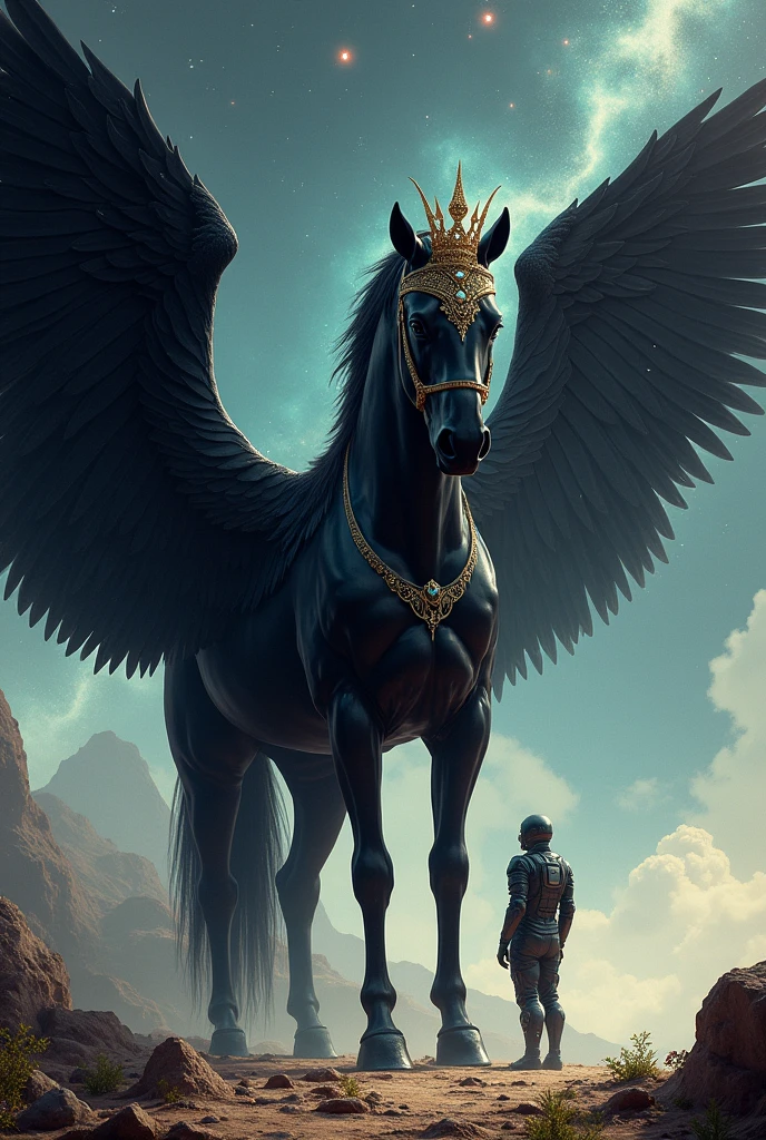 A black horse wearing a crown on his head and spreading his wings, placing the spaceman and eating from the ground under his wings