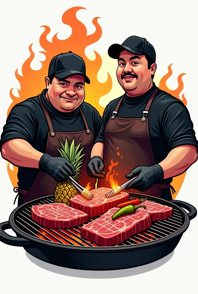 Create a professional logo , with barbecue theme on the grill , special cuts of meat , two people , de avental preto , gloves and caps , two brothers in drawing , one of the two chubby brothers , a little less realistic , feed the barbecue , and put pineapple and peppers
