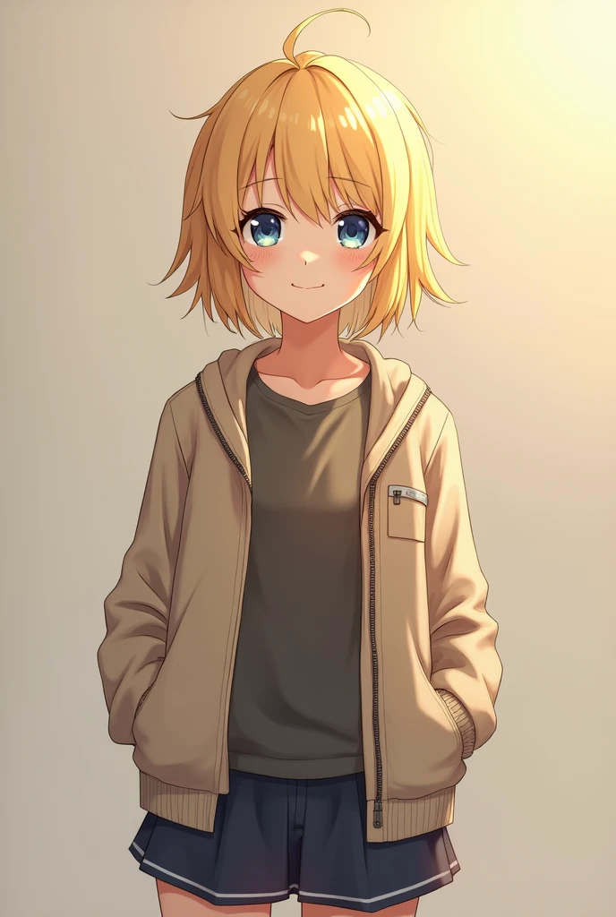 1 girl, standing alone, christa renz, ssmile, hair between the eyes, blue colored eyes, hair blonde, jaket, medium hair, big-ass,