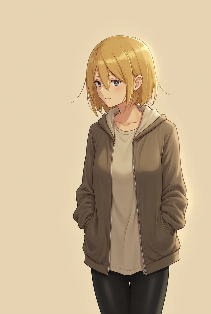 1 girl, standing alone, christa renz, ssmile, hair between the eyes, blue colored eyes, hair blonde, jaket, medium hair, big-ass,