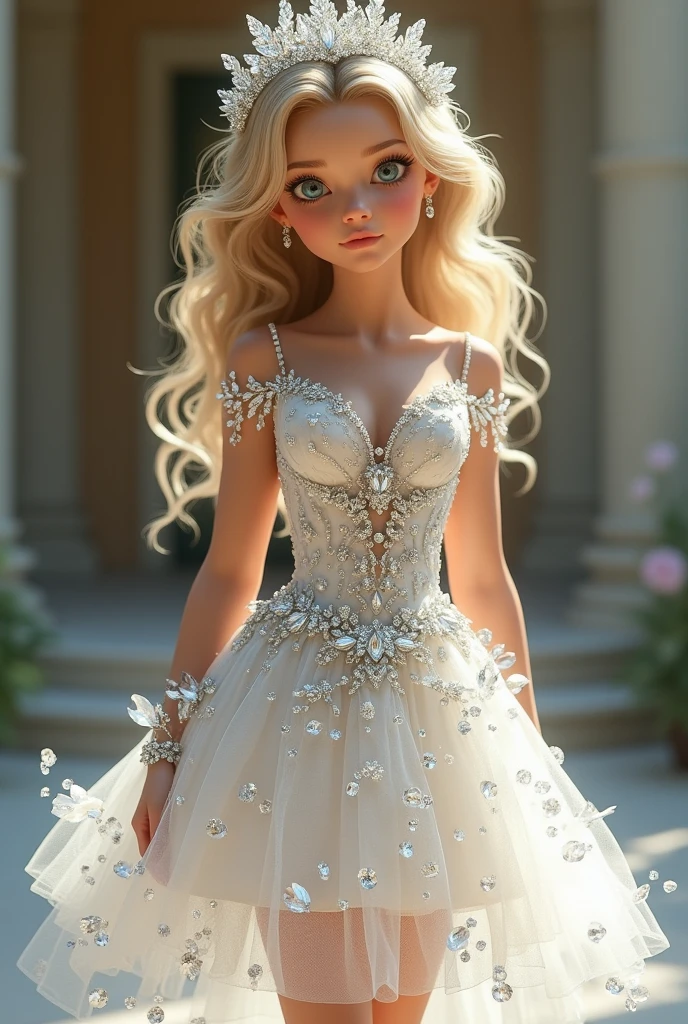 Princess in a short white dress with extravagant pieces of crystals
