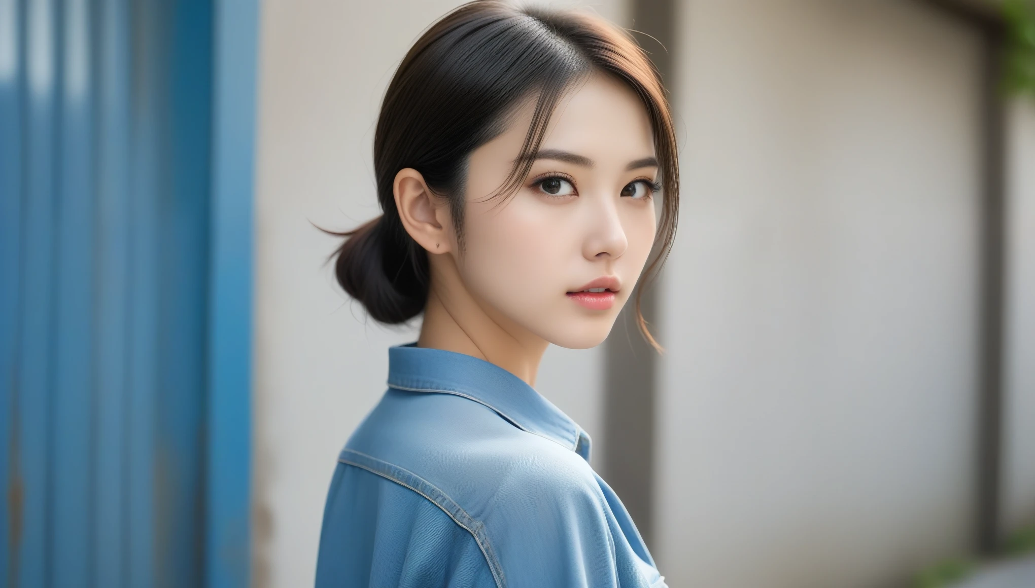 8k, Ultra-high resolution, Highest quality, masterpiece, 三分割法によるphotograph,Surreal, photograph, 1 , (:1.3), cute, cute顔, 細部までBeautiful Eyes, 細かくdetailedに,masterpiece,One Girl:1.2,Japanese women,student,cowboy shot,glaring,Black short hair,messy hair,from side,(Denim shirt:1.3),Leaning against the wire mesh,Glare,Blue Collar,Factory wall,Bleach Bypass,(Beautiful attention to detail),Subtle details, detailedな顔,anger,Attractive eyes,(ポートレートphotograph:1.4),(Photorealistic images:1.4),Fantasy art,(Beautiful Face:1.4),美しくAttractive eyes、Beautiful Eyes,(Tight waist:1.4)、(Beautiful with perfect body proportions:1.4),Pink Lips,profile,(((Ideal body type))),A-cup small breasts :2,、Portraiture:2、Perfect Anatomy、鮮明なdetailed、detailed,Fashion magazine cover,Thin lips,完璧でBeautiful Face ,完璧でcute顔, Skin with attention to detail, Perfect limbs、Narrow waist,Surreal,Light and shadow,backlighting