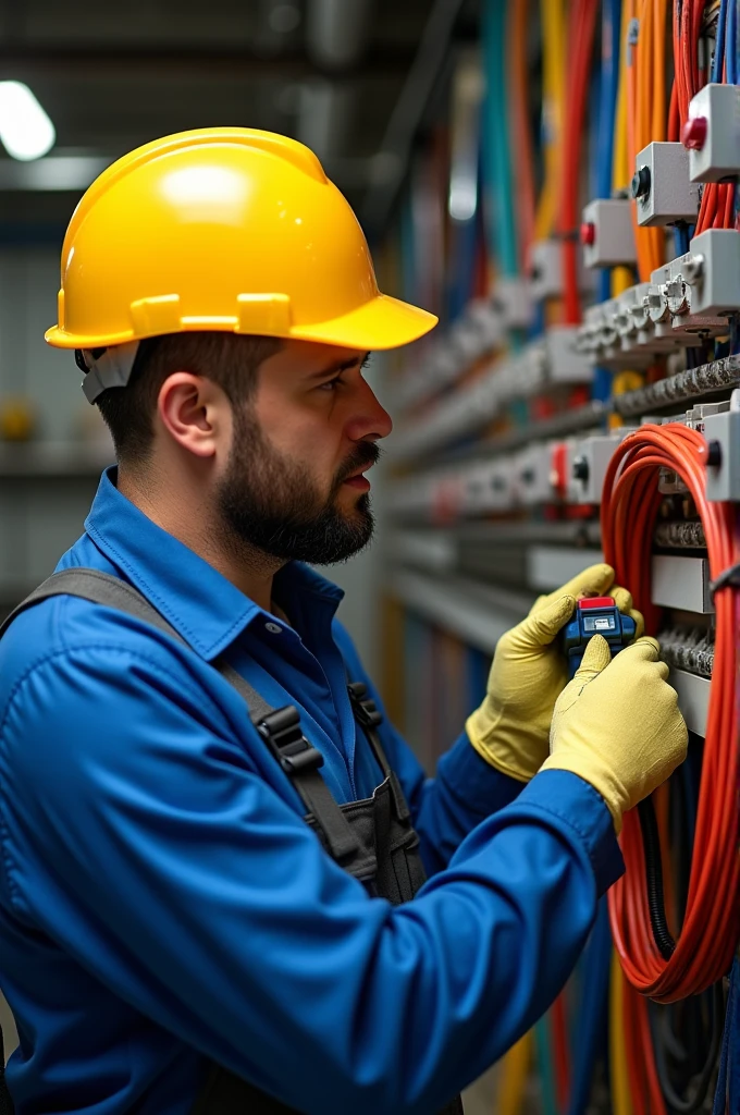 Pedro the electrician fixing colored cables with gloves on his hands